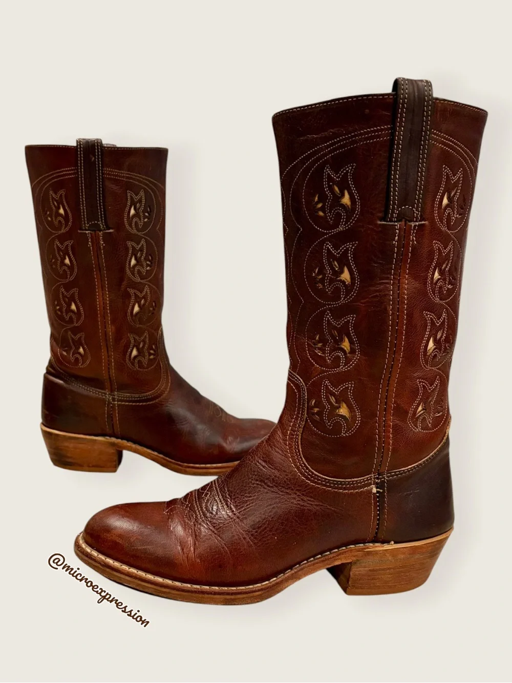 VINTAGE 1980s Frye Austin Brown Leather Floral Embroidered Southern Cowboy Boot